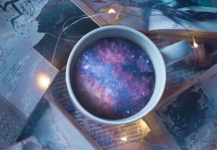 taza, cafe, cosmos, libros, astrologia