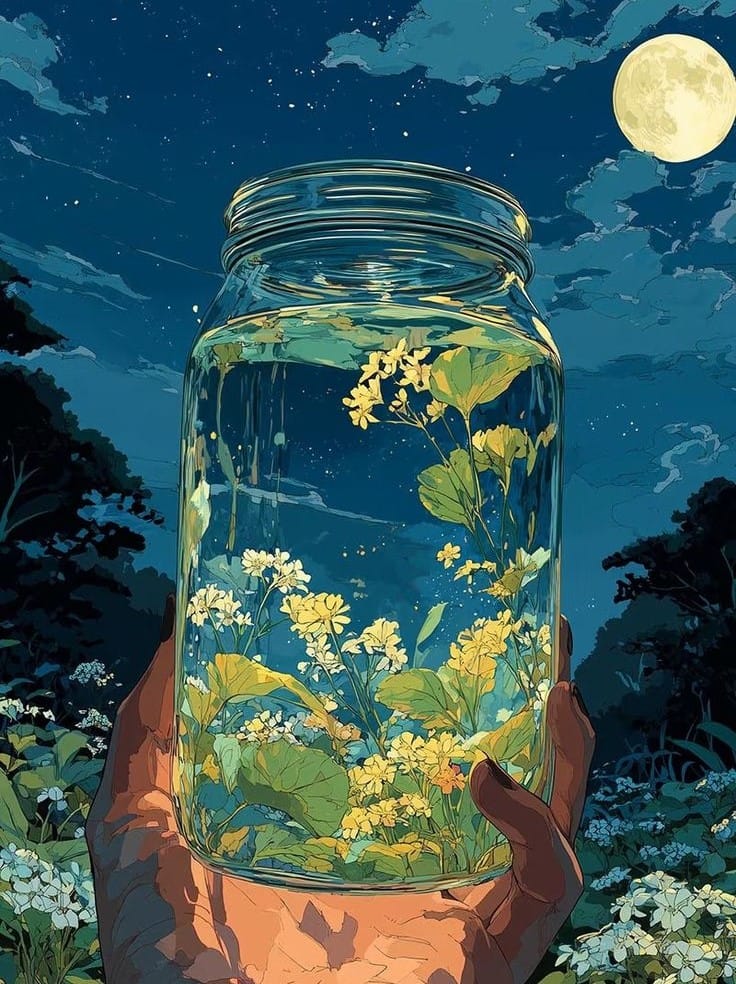 bote con agua lunar en la noche con plantas